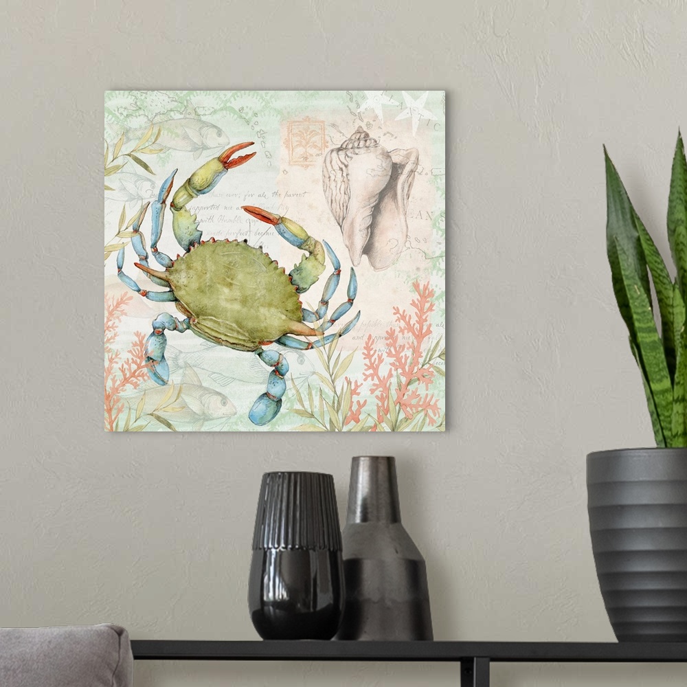 A modern room featuring Softly hued scene featuring a green crab is a subtle and tasteful coastal statement.