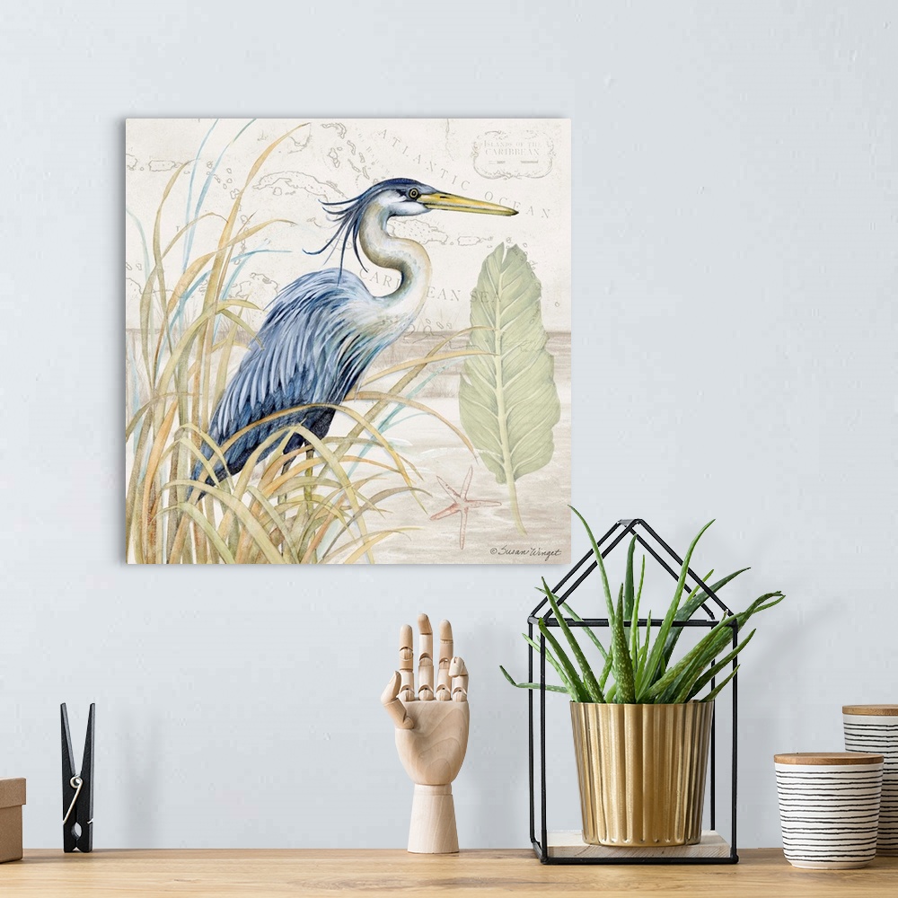 A bohemian room featuring Softly hued scene featuring the striking blue heron is a subtle and tasteful coastal statement.