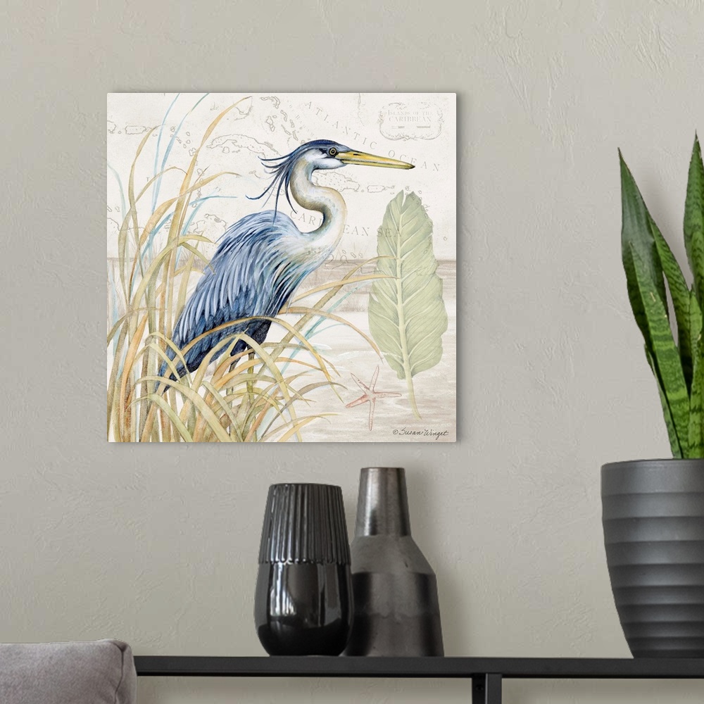 A modern room featuring Softly hued scene featuring the striking blue heron is a subtle and tasteful coastal statement.