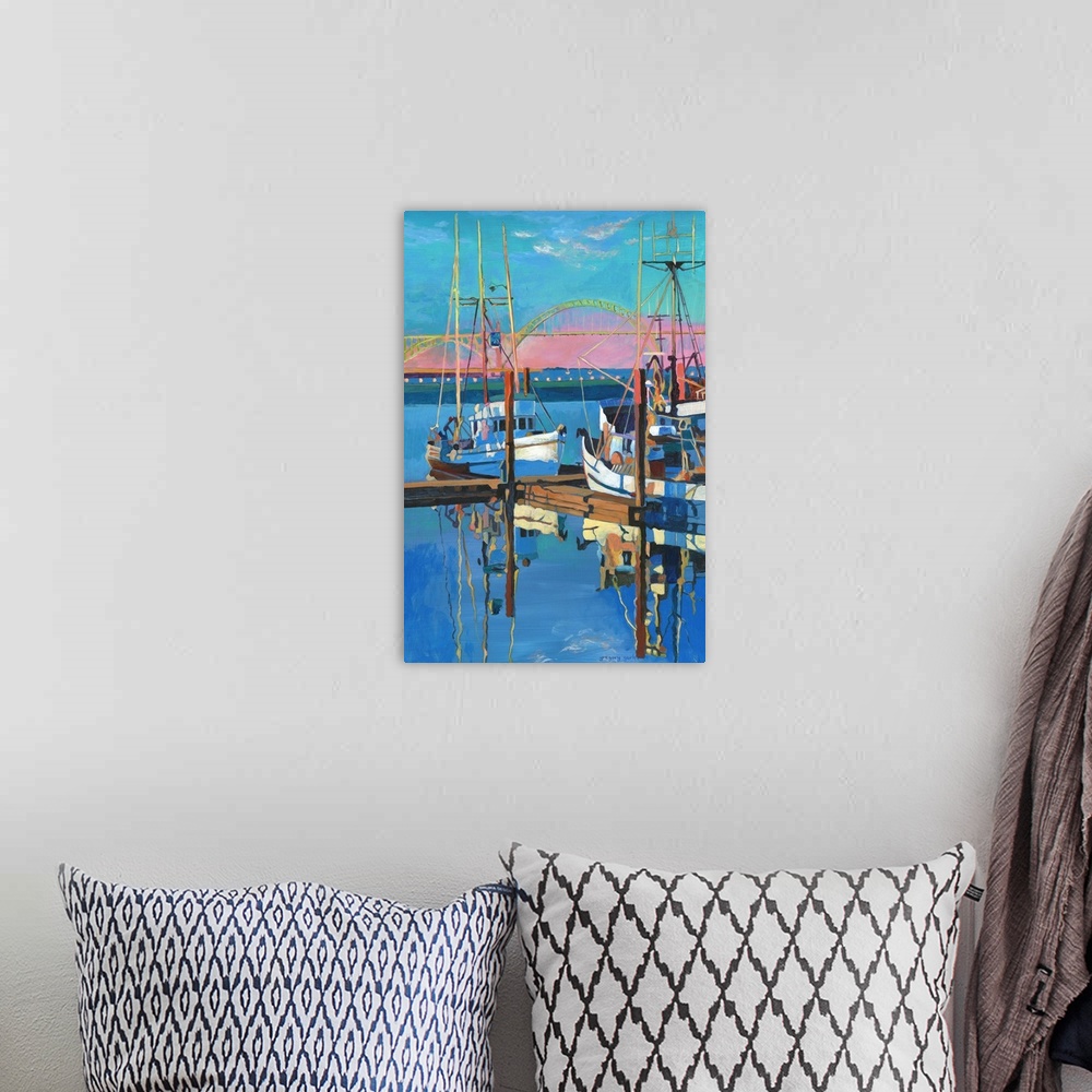 A bohemian room featuring A moody artistic boat scene captures the mystery of the sea.
