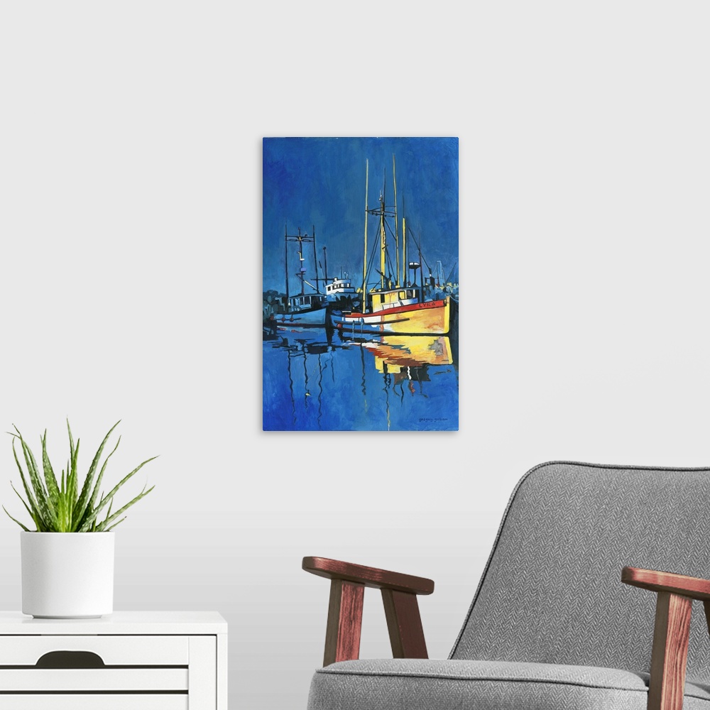 A modern room featuring A moody artistic boat scene captures the mystery of the sea.