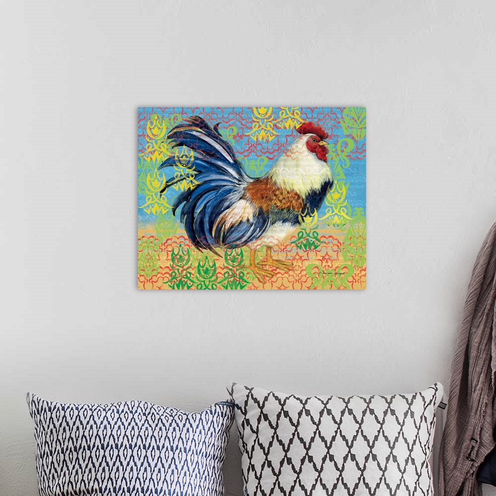 A bohemian room featuring Striking depiction of rooster adds a dynamic touch to any decor.