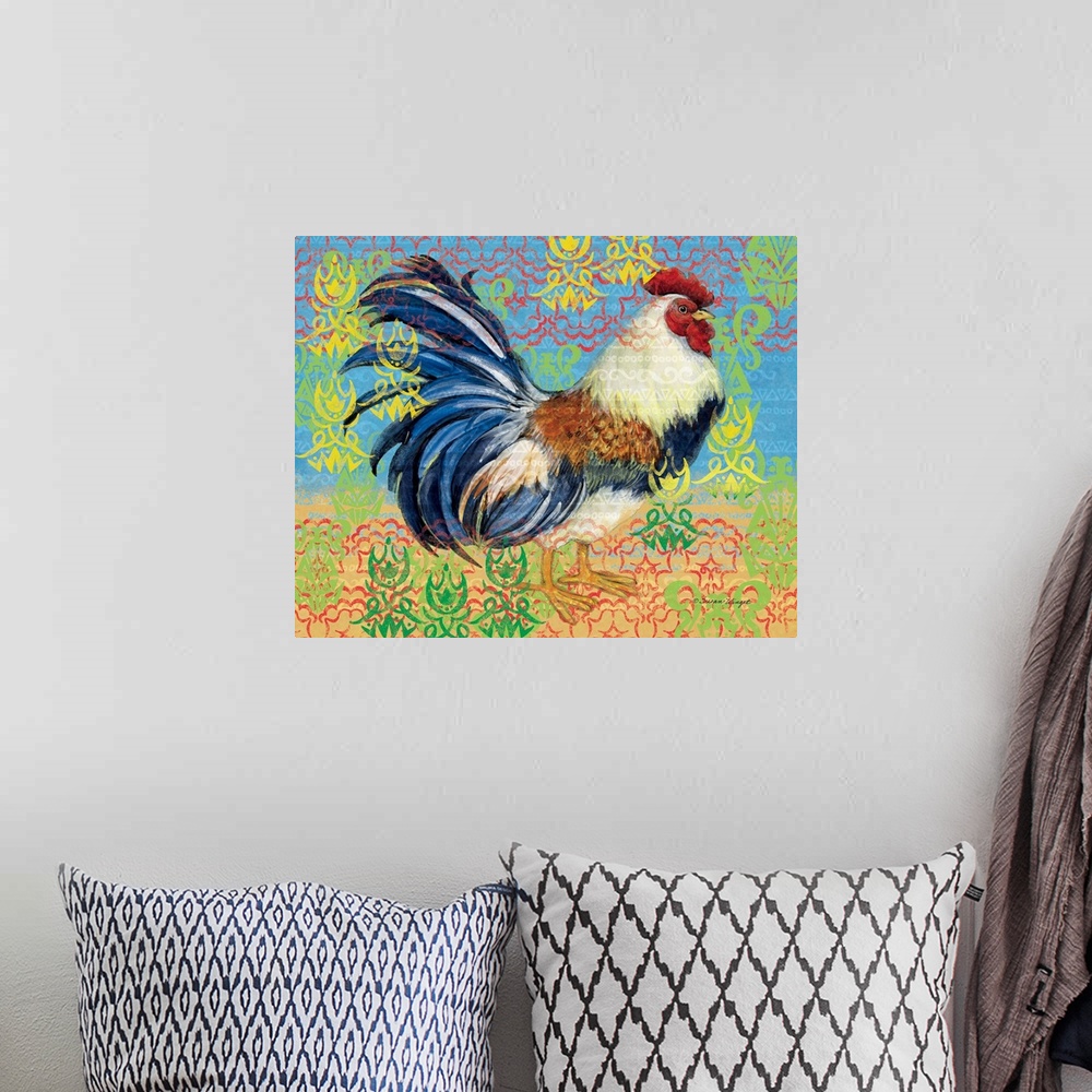 A bohemian room featuring Striking depiction of rooster adds a dynamic touch to any decor.