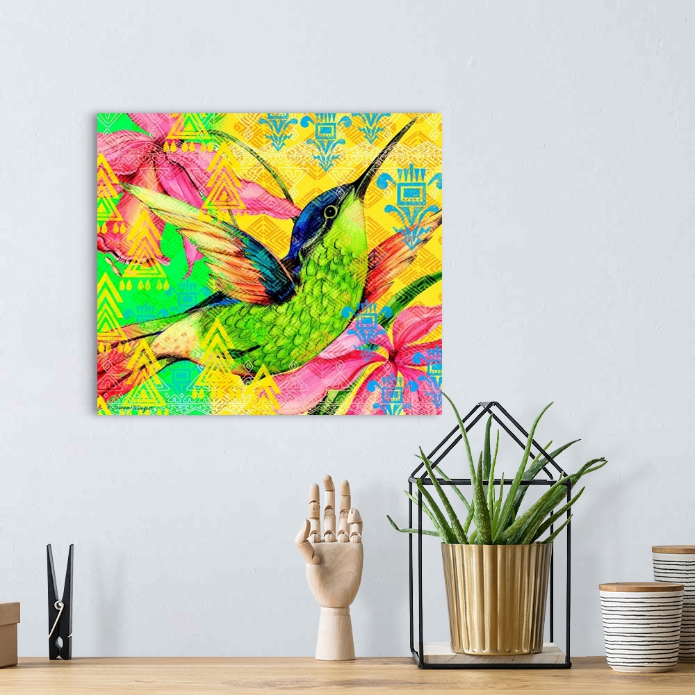A bohemian room featuring This big, bold and bright hummingbird makes a statement!