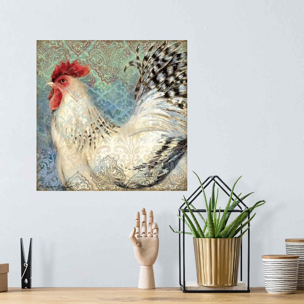 A bohemian room featuring Brilliantly colored rooster makes a bold statement in decor