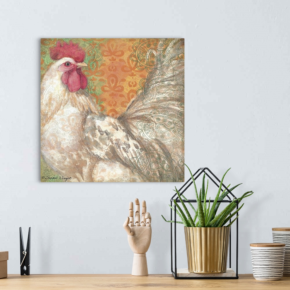 A bohemian room featuring Brilliantly colored rooster makes a bold statement in decor