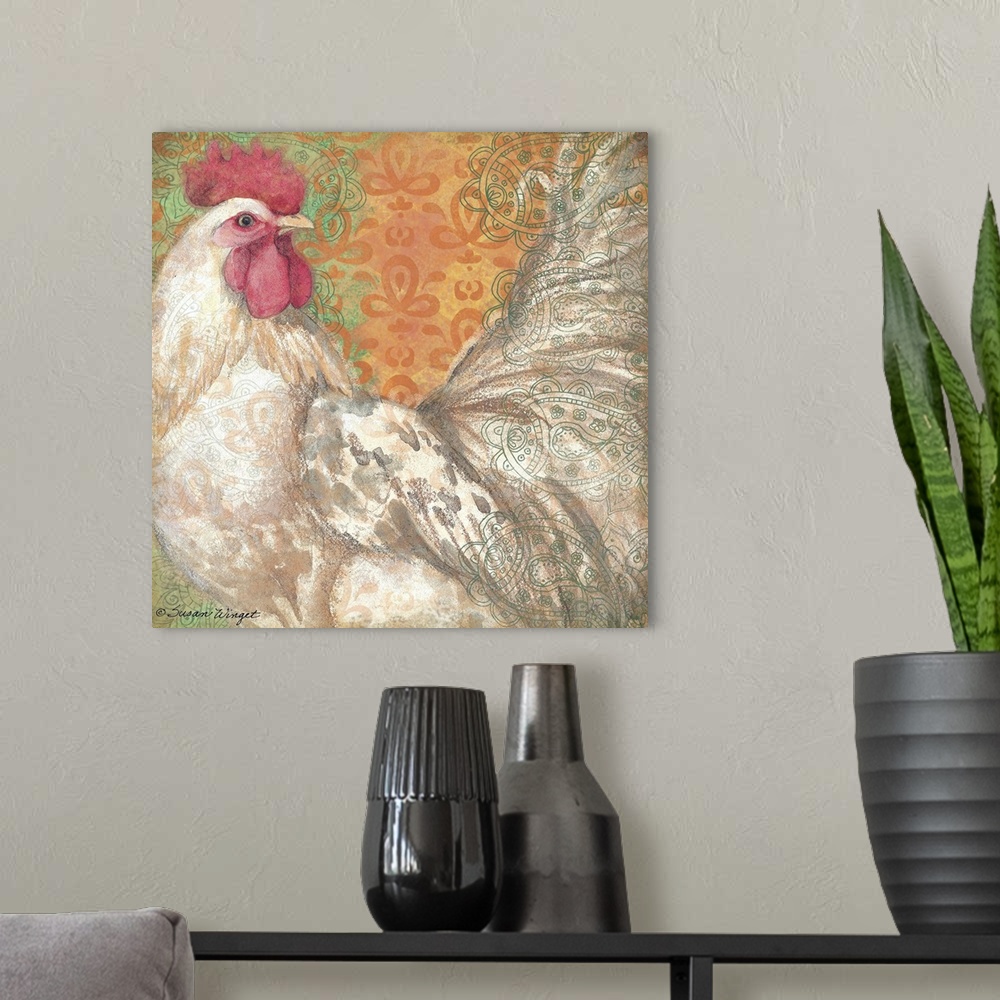 A modern room featuring Brilliantly colored rooster makes a bold statement in decor