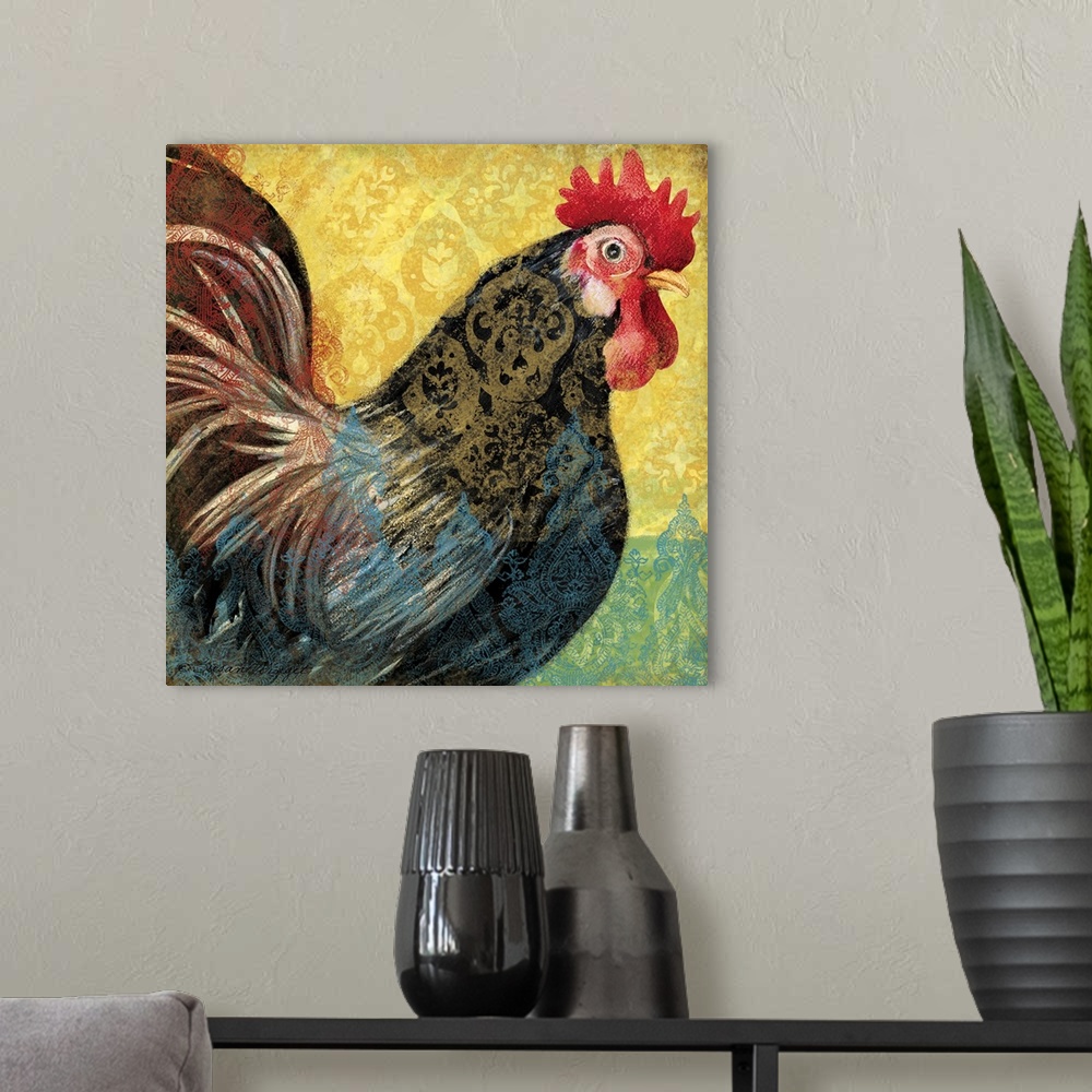 A modern room featuring Brilliantly colored rooster makes a bold statement in decor