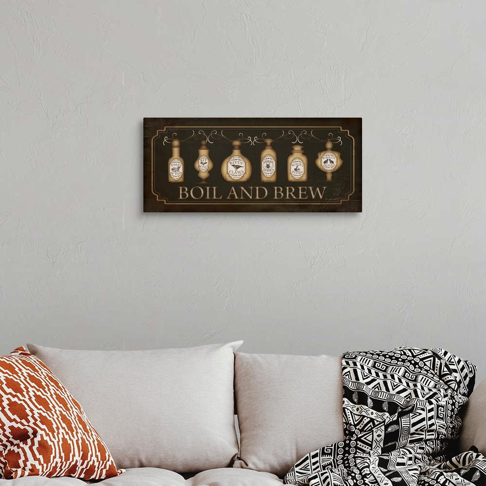 A bohemian room featuring Halloween themed typography artwork with potion bottles and decorative accents against a black ba...