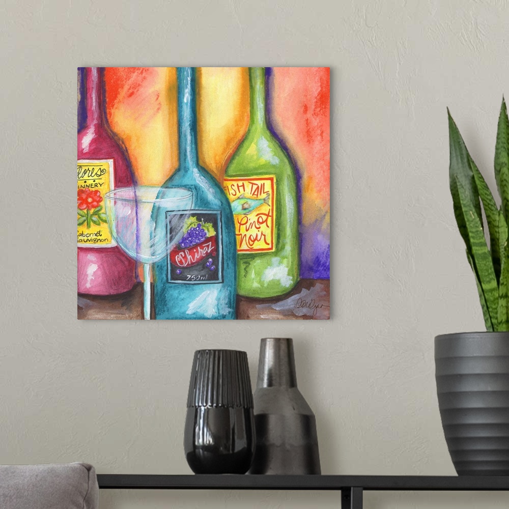 A modern room featuring Bright abstract wine vignette adds splash to any décor!