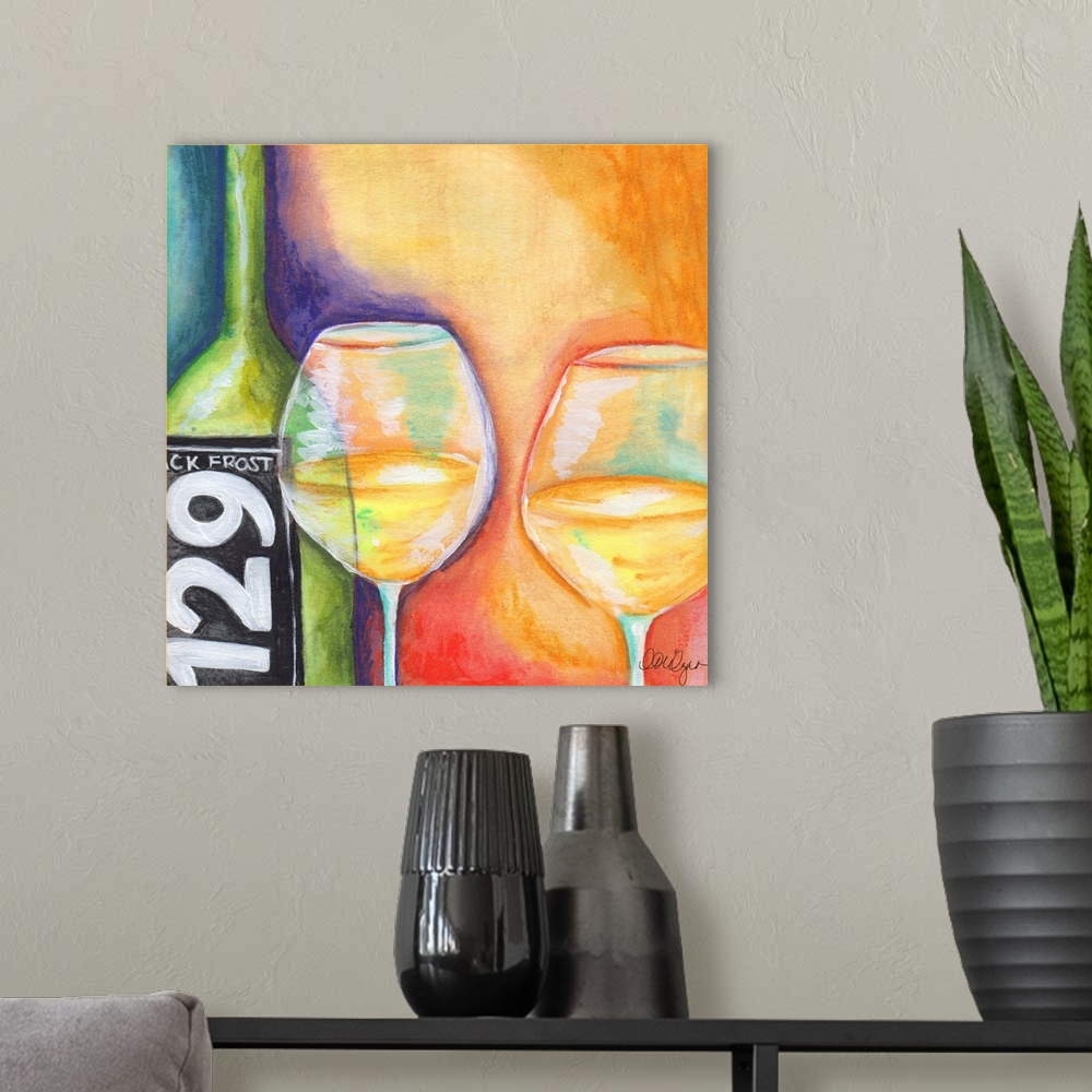A modern room featuring Bright abstract wine vignette adds splash to any decor!