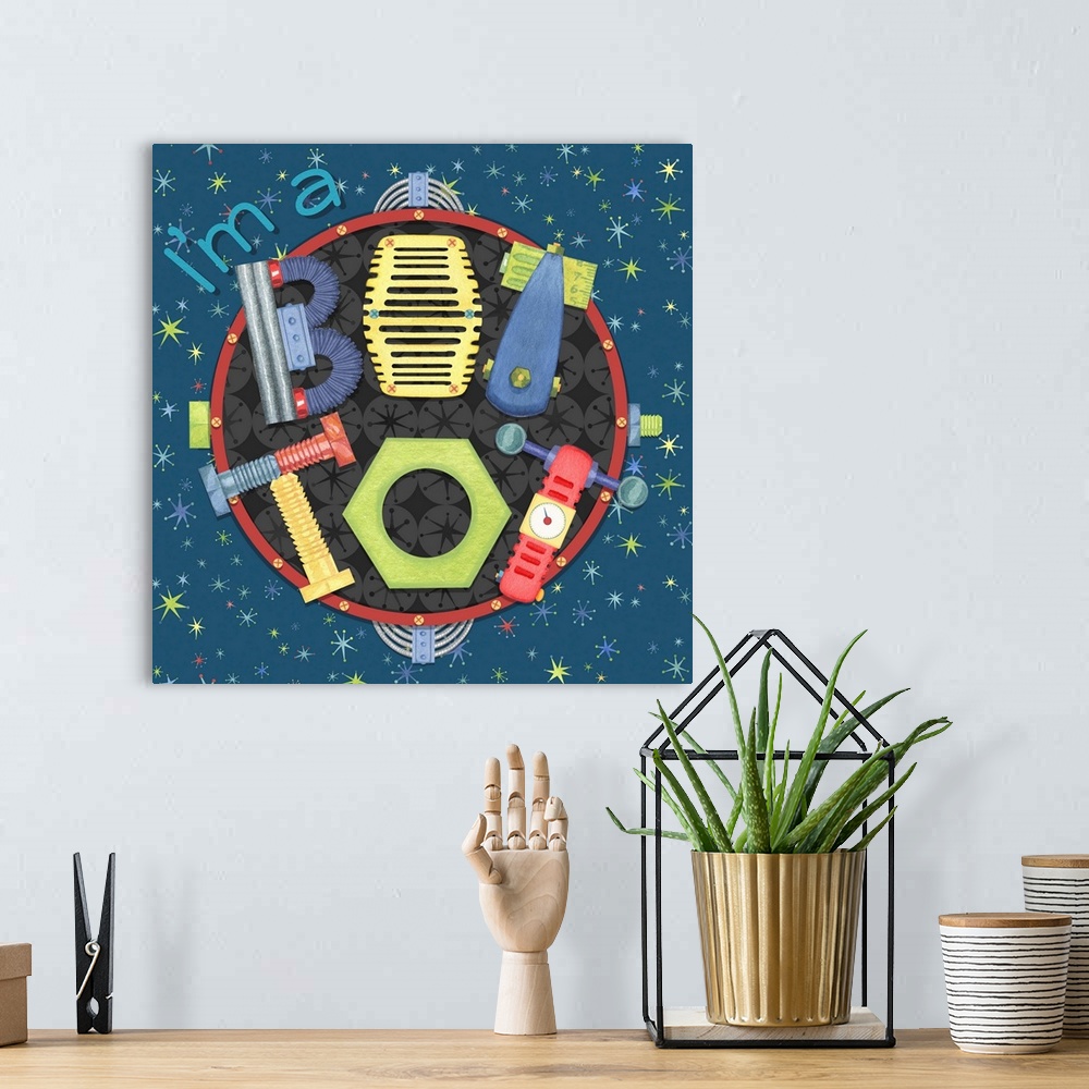 A bohemian room featuring Playful and bright robots are the stars of this Kid room art!