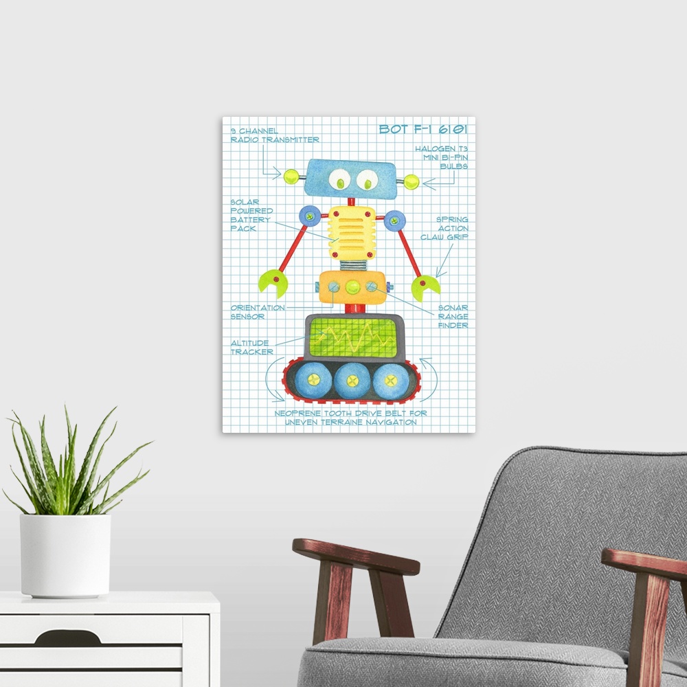 A modern room featuring Playful and bright robots are the stars of this Kid room art!