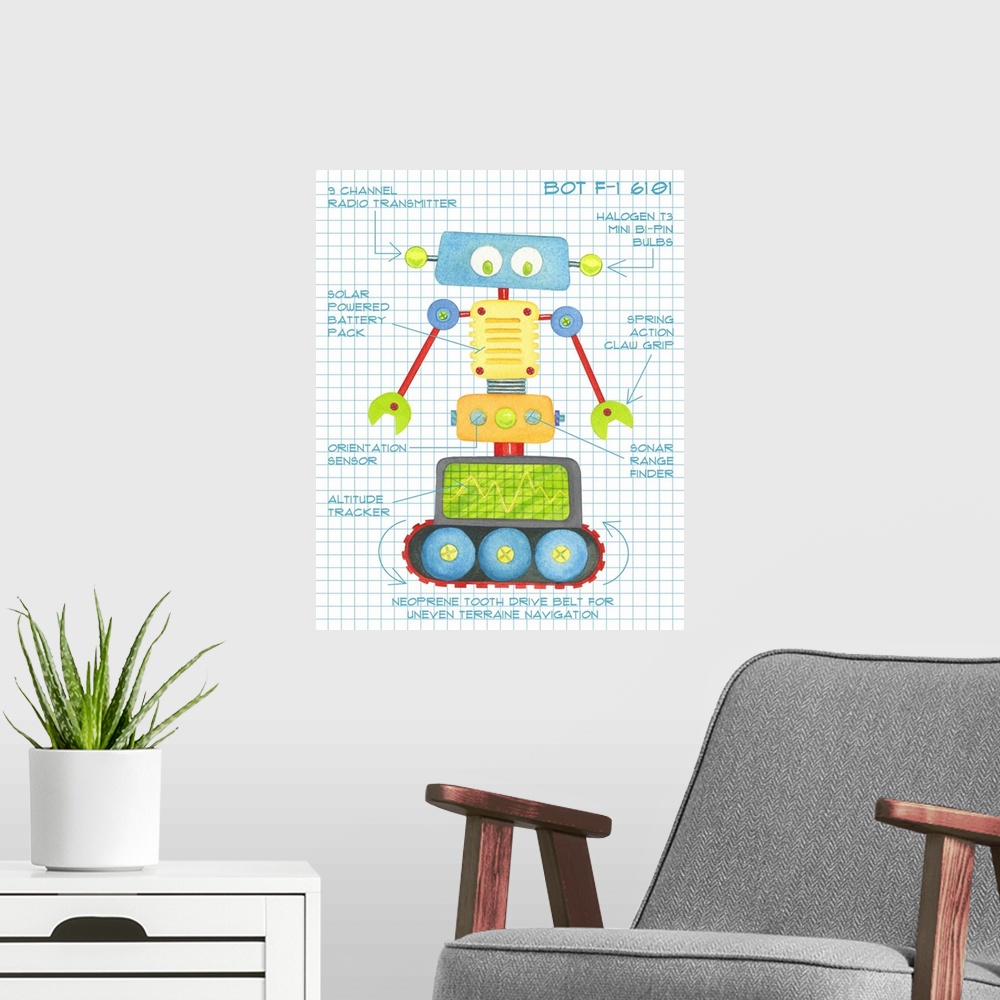 A modern room featuring Playful and bright robots are the stars of this Kid room art!