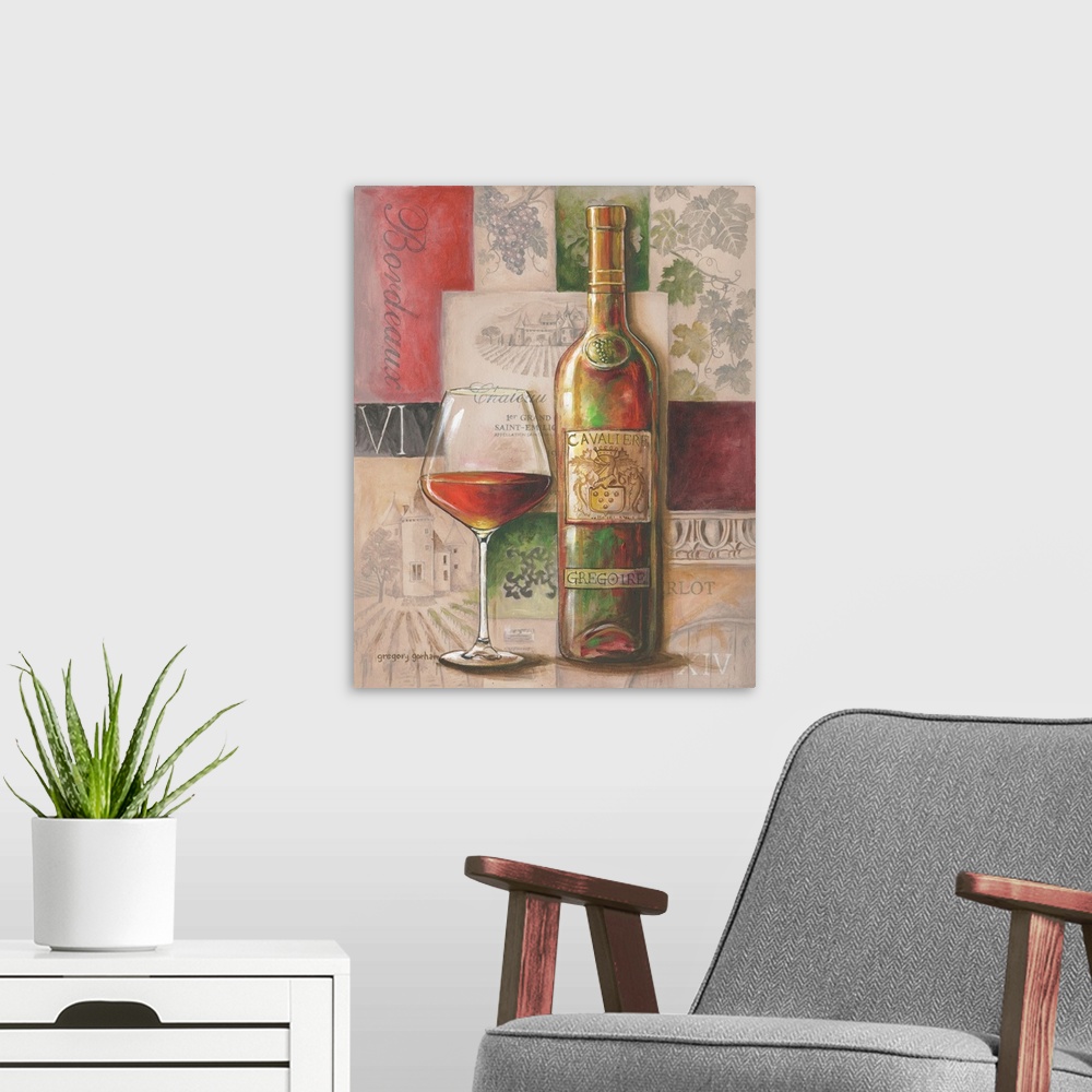 A modern room featuring Classic wine tableau scene adds an elegant touch to a dining room kitchen or study.