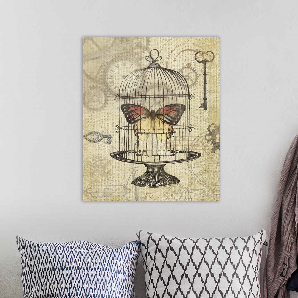 A bohemian room featuring Botanical, steampunk-inspired butterfly art, great for any room and decor