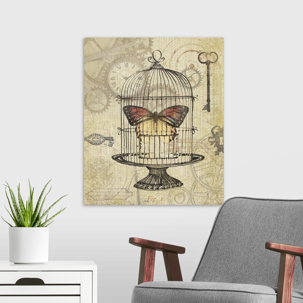 A modern room featuring Botanical, steampunk-inspired butterfly art, great for any room and decor