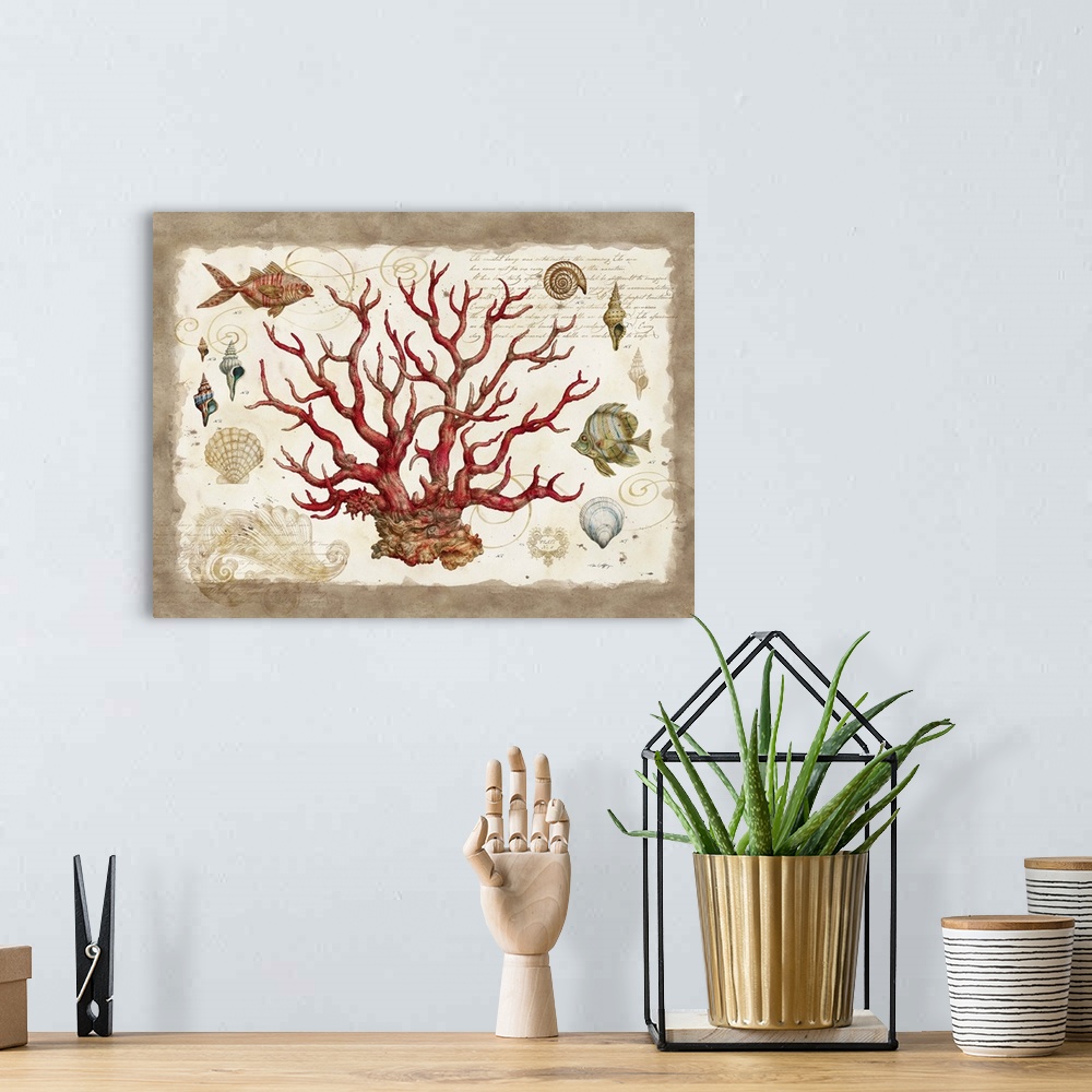 A bohemian room featuring The elegant shape of coral is captured in this botanical study