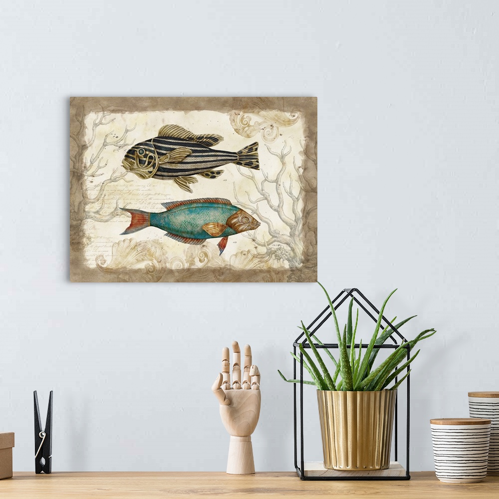 A bohemian room featuring Botanical fish art perfect for den, study, home decor