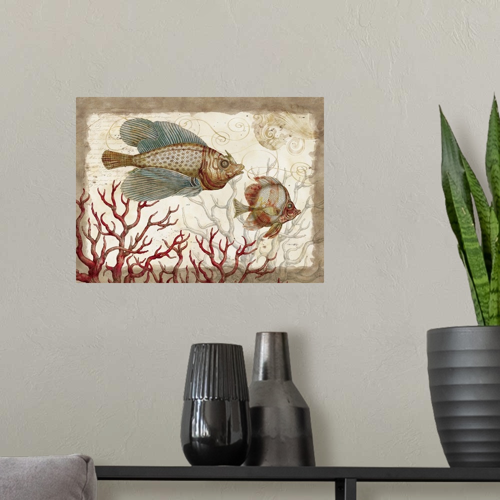 A modern room featuring Botanical fish art perfect for den, study, home decor