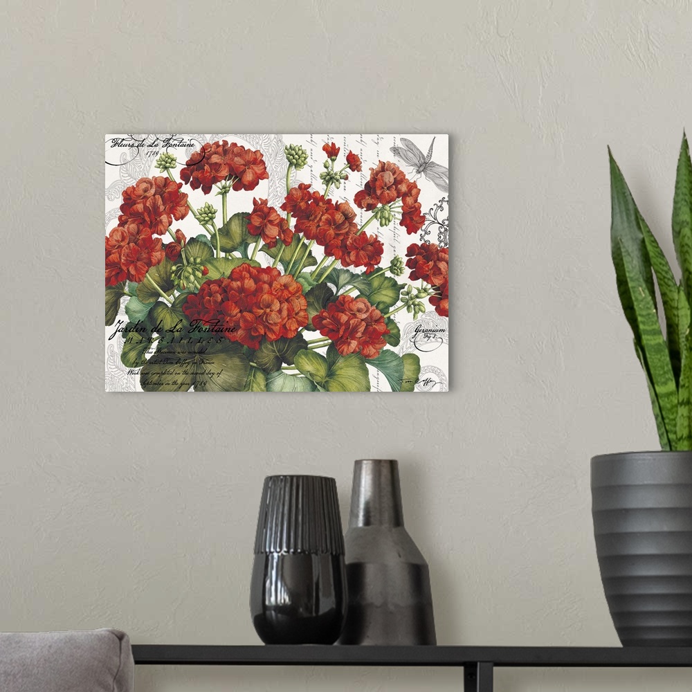 A modern room featuring Botanical Geraniums bring a vibrant red accent to decor