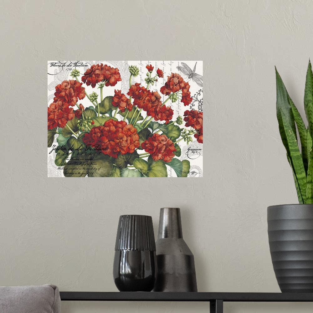 A modern room featuring Botanical Geraniums bring a vibrant red accent to decor