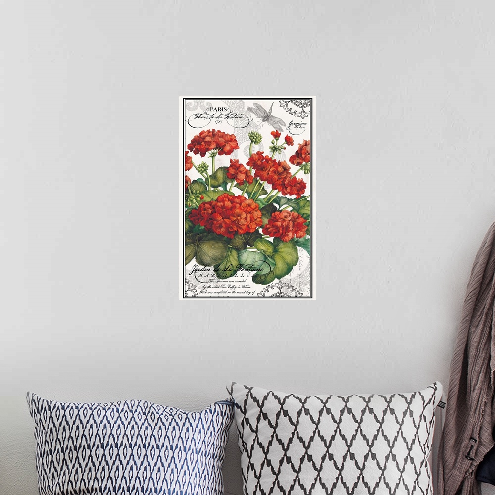 A bohemian room featuring Botanical Geraniums bring a vibrant red accent to decor