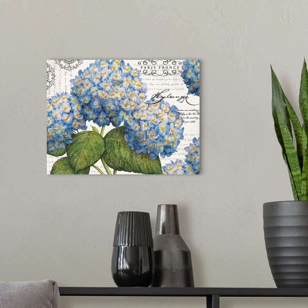 A modern room featuring Big, horizontal home art docor of a bunch of vibrant hydrangea flowers on a neutral background wi...