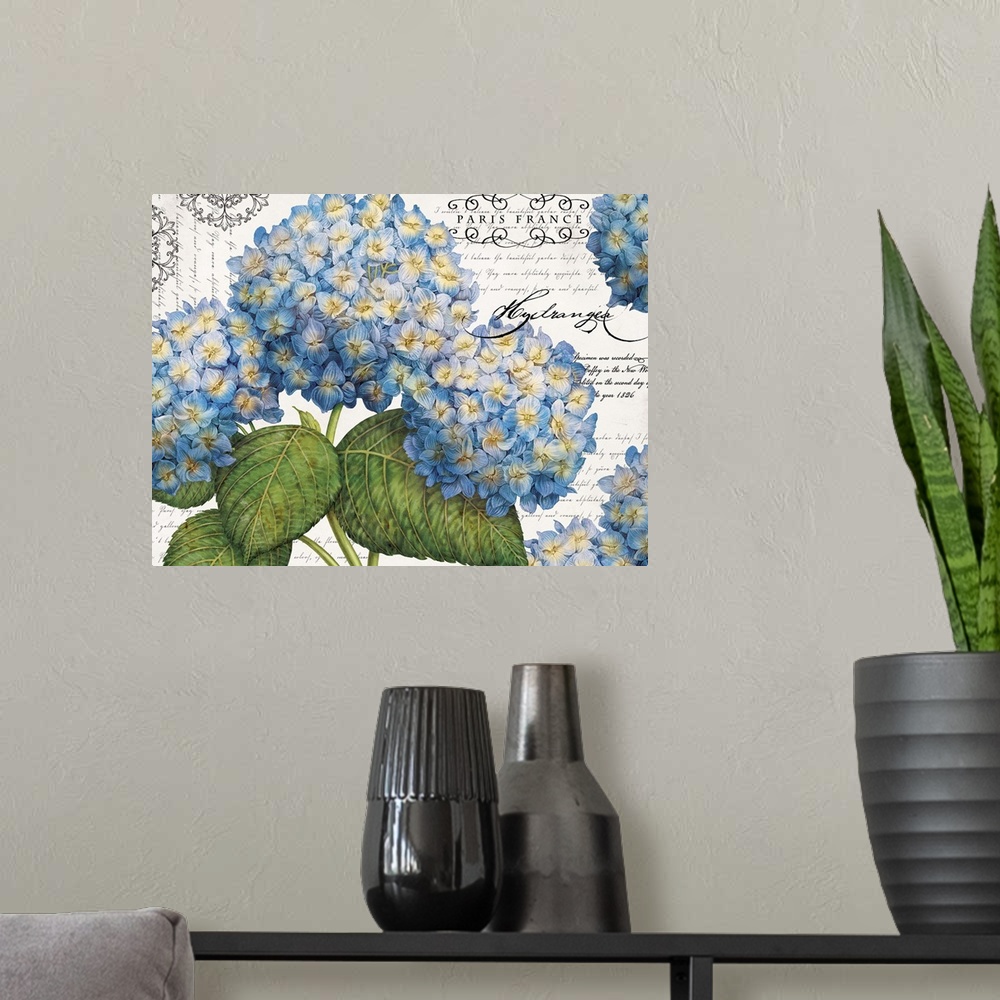 A modern room featuring Big, horizontal home art docor of a bunch of vibrant hydrangea flowers on a neutral background wi...