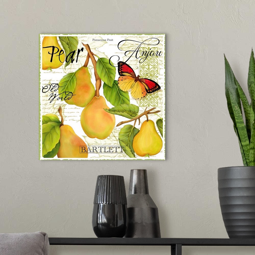A modern room featuring Square painting of elegant botanical fruit on a neutral background with various patterns over top.