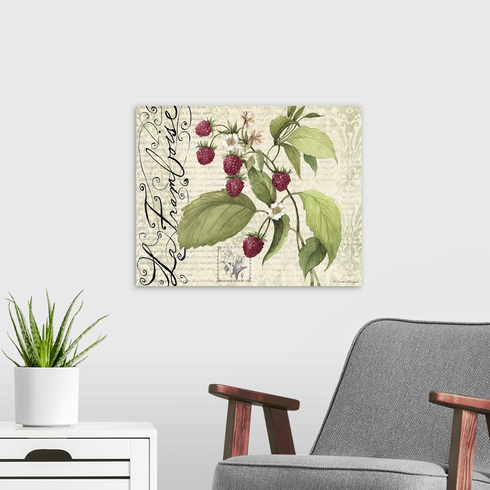 A modern room featuring Elegant botanical fruit art with raspberries and leaves with text in the background.