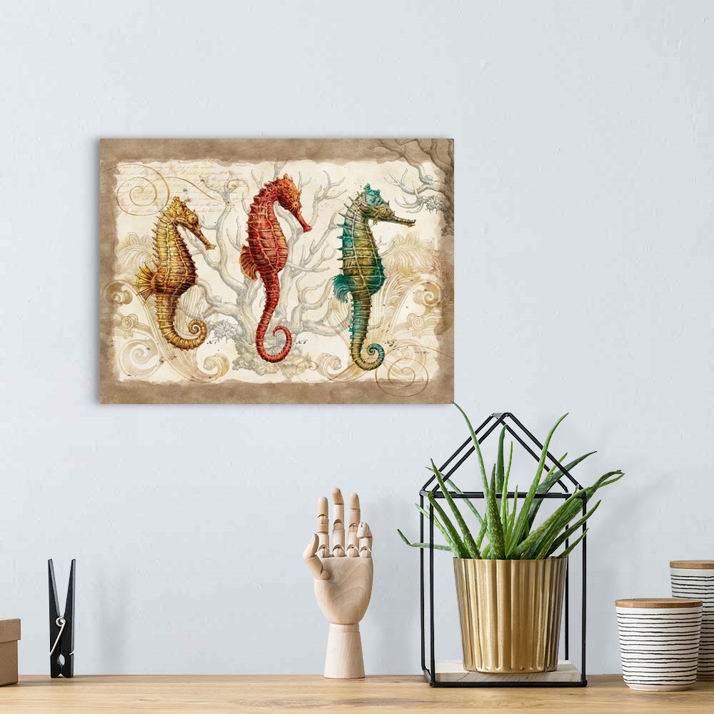 A bohemian room featuring Large artwork of three different types of seahorses with coral drawn behind them and a soft brown...