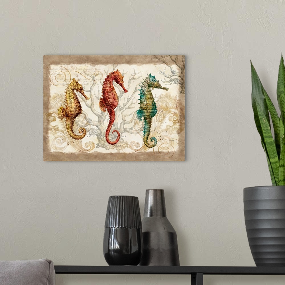 A modern room featuring Large artwork of three different types of seahorses with coral drawn behind them and a soft brown...