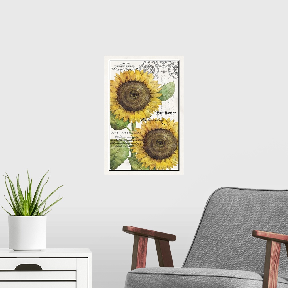 A modern room featuring Antique style home docor art of two bright yellow sunflowers with fancy script text and an outlin...