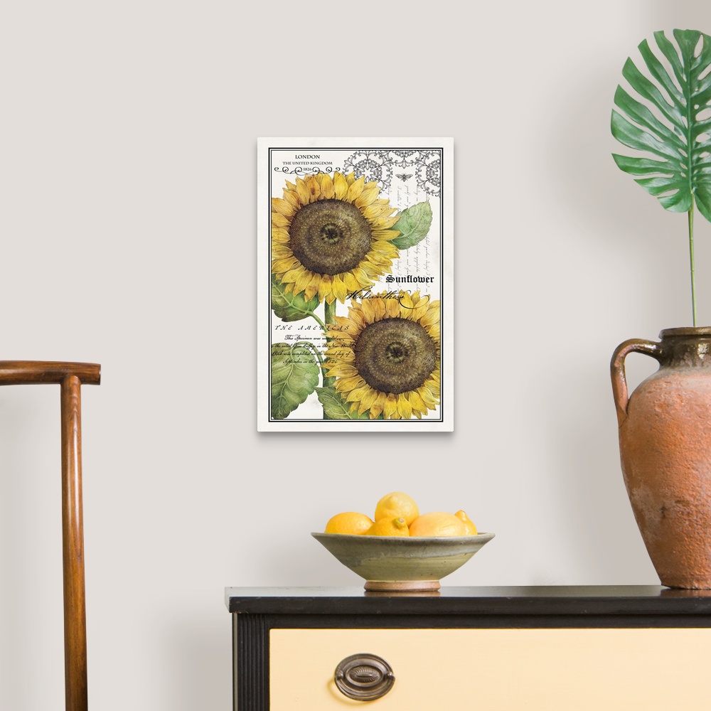 A traditional room featuring Antique style home docor art of two bright yellow sunflowers with fancy script text and an outlin...