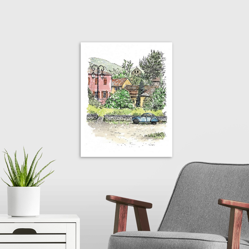 A modern room featuring A lovely pen and ink depiction of a European town.