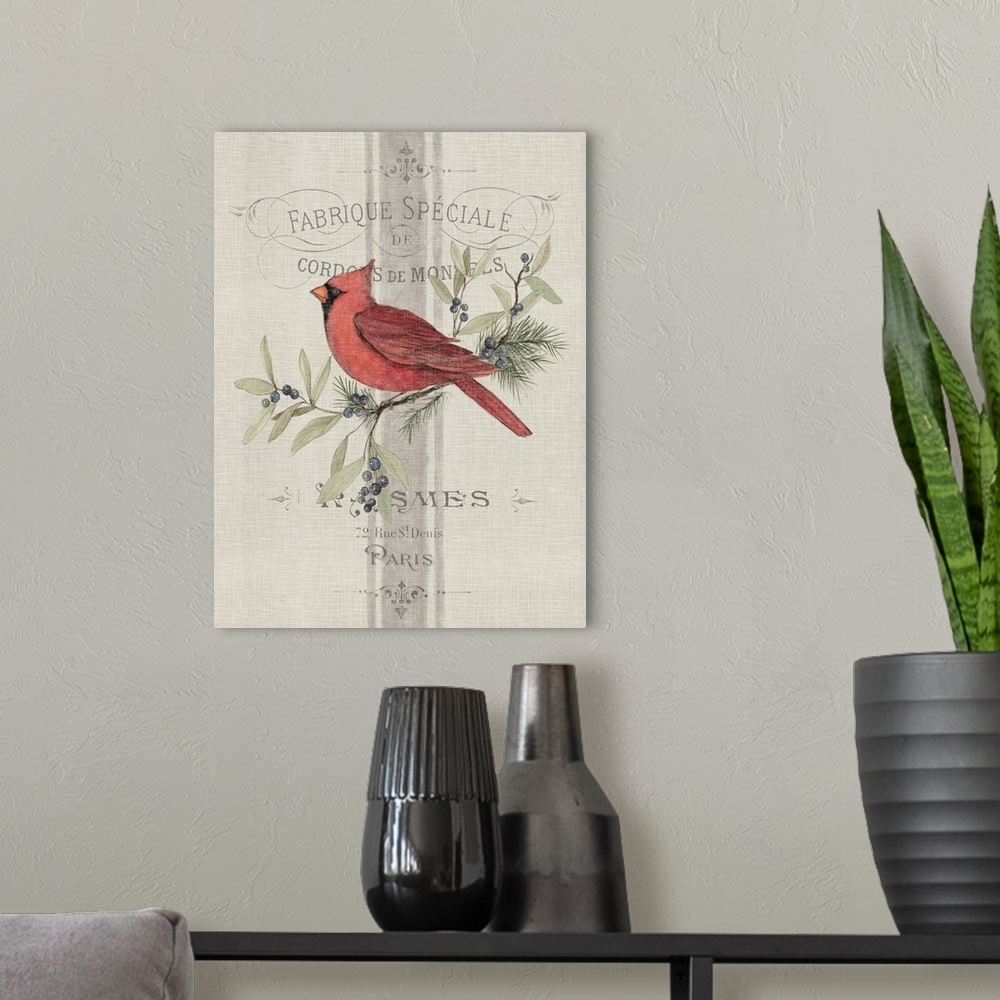A modern room featuring Elegant textile treatment of a botanical bird's classic decor