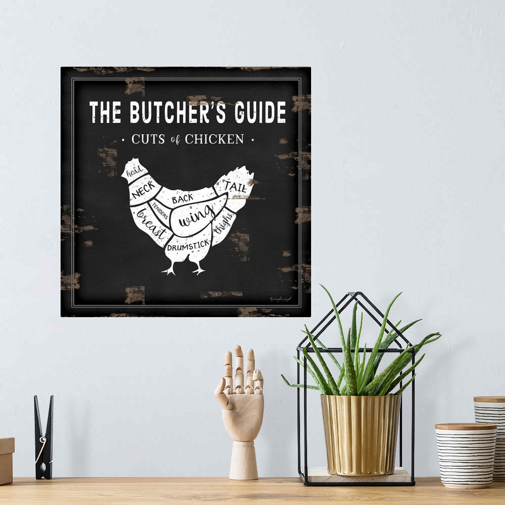 A bohemian room featuring Rustic square chart showing cuts of chicken in black and white.
