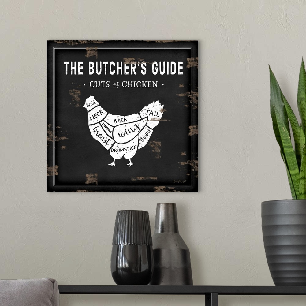 A modern room featuring Rustic square chart showing cuts of chicken in black and white.