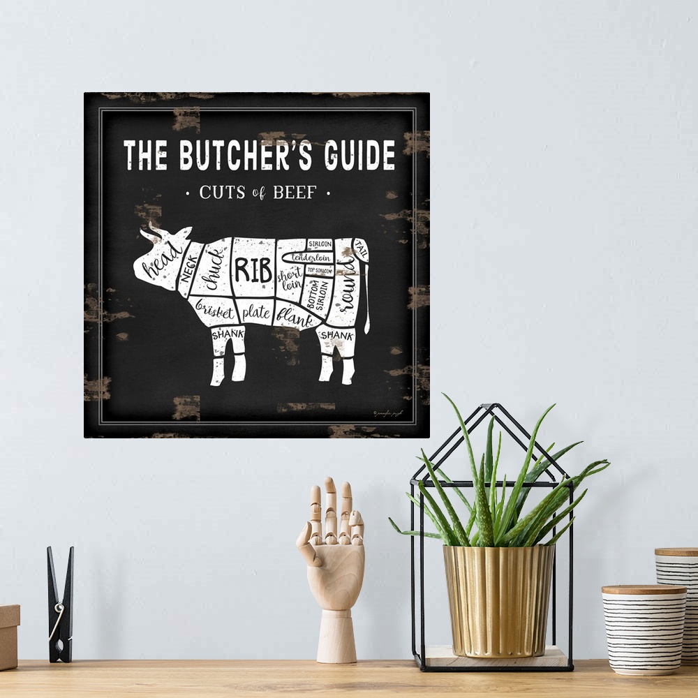 A bohemian room featuring Rustic square chart showing cuts of beef in black and white.