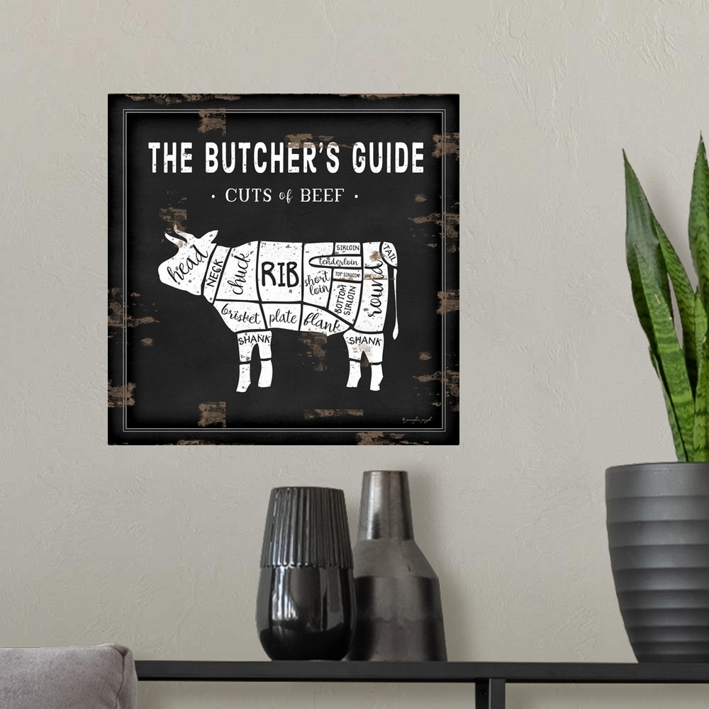 A modern room featuring Rustic square chart showing cuts of beef in black and white.