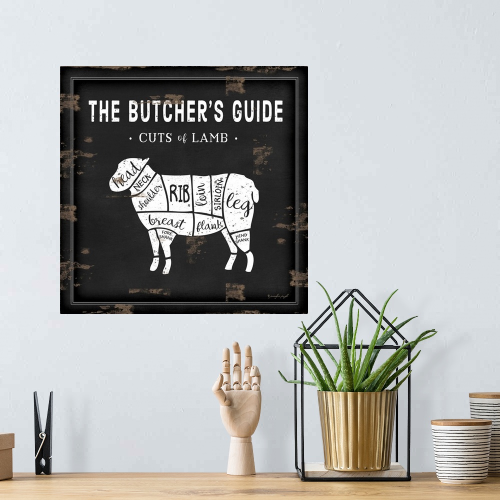 A bohemian room featuring Rustic square chart showing cuts of lamb in black and white.