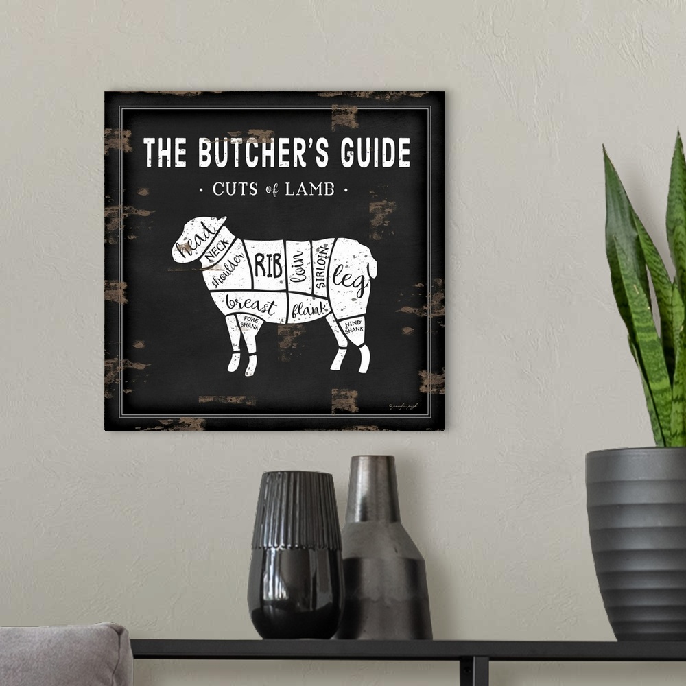 A modern room featuring Rustic square chart showing cuts of lamb in black and white.