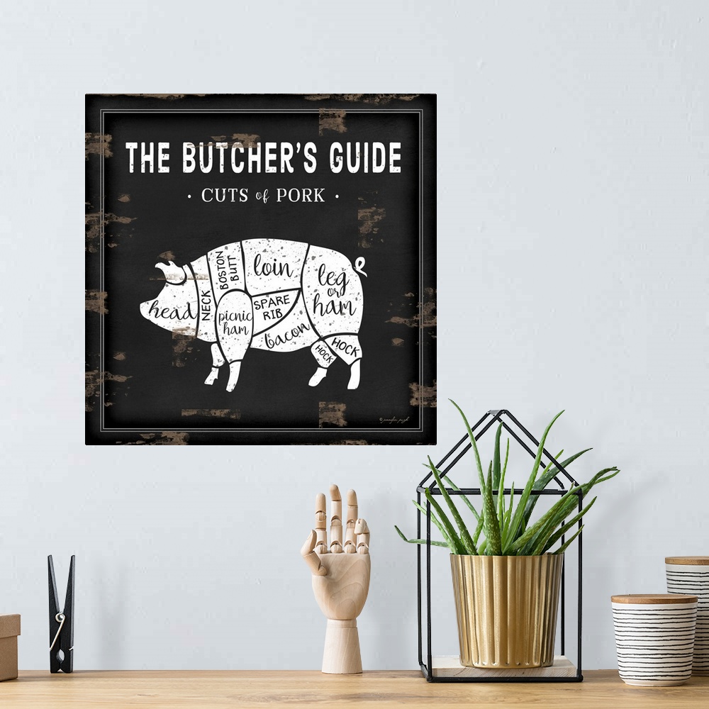A bohemian room featuring Rustic square chart showing cuts of pork in black and white.