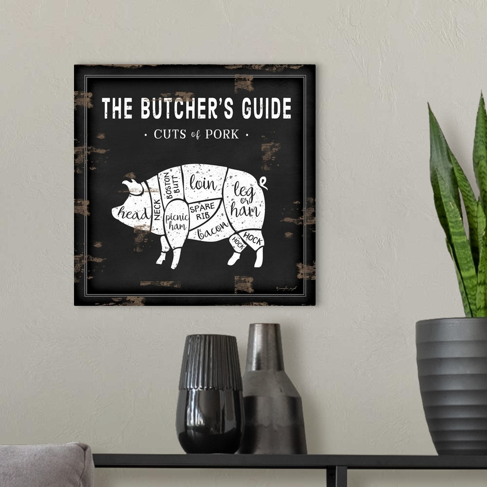 A modern room featuring Rustic square chart showing cuts of pork in black and white.