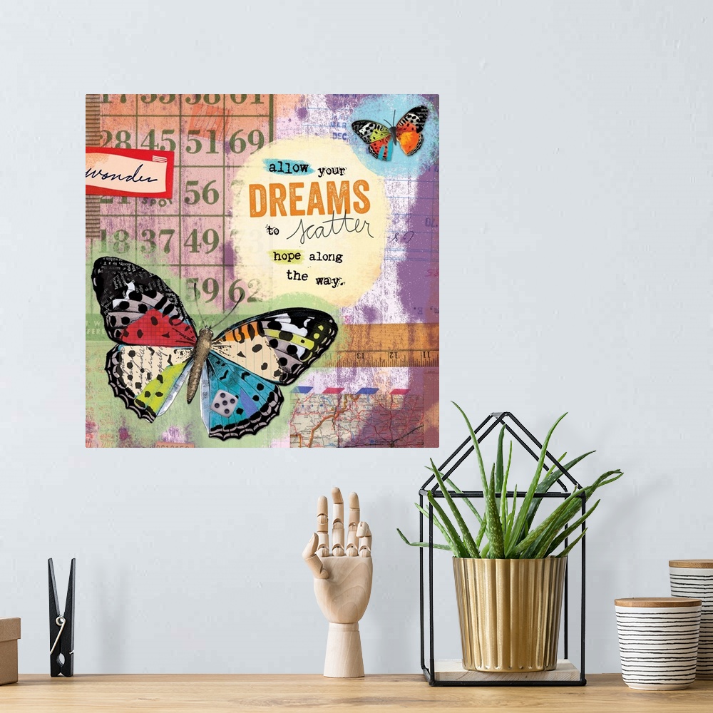 A bohemian room featuring Butterfly collage with inspirational message