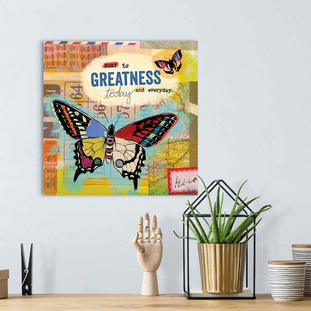 A bohemian room featuring Butterfly collage with inspirational message