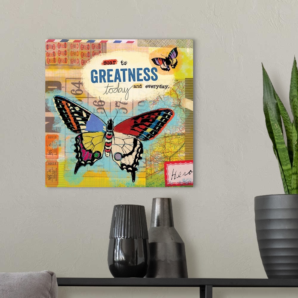 A modern room featuring Butterfly collage with inspirational message