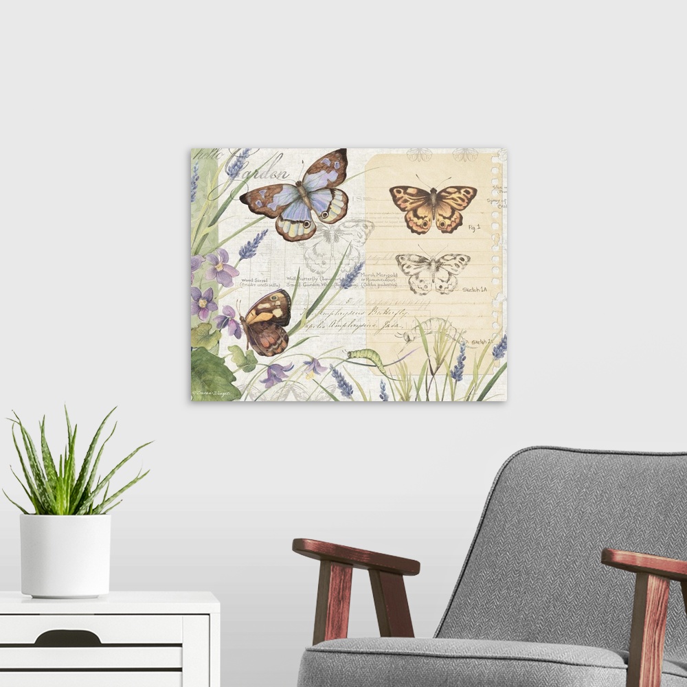 A modern room featuring Beautiful botanical rendering of butterflies celebrate nature.
