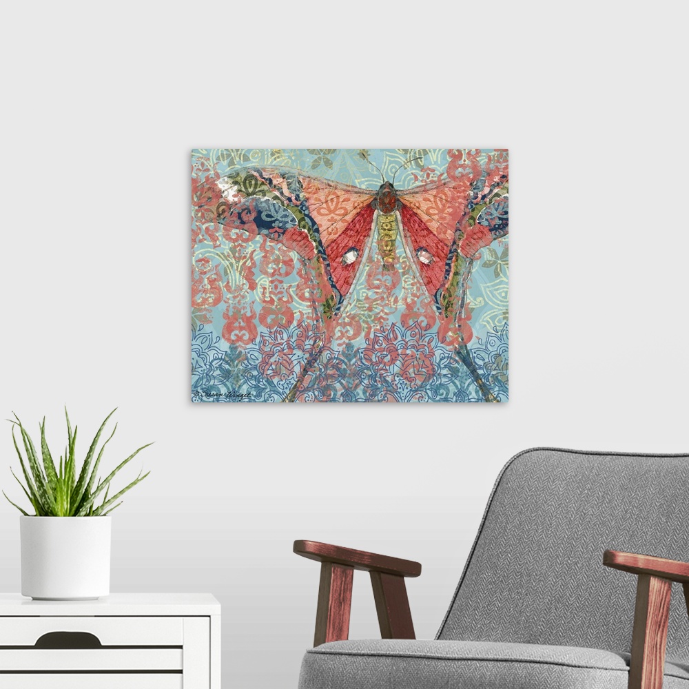 A modern room featuring Blue And Pink Big Winged Butterfly on decorative ornate blue background.